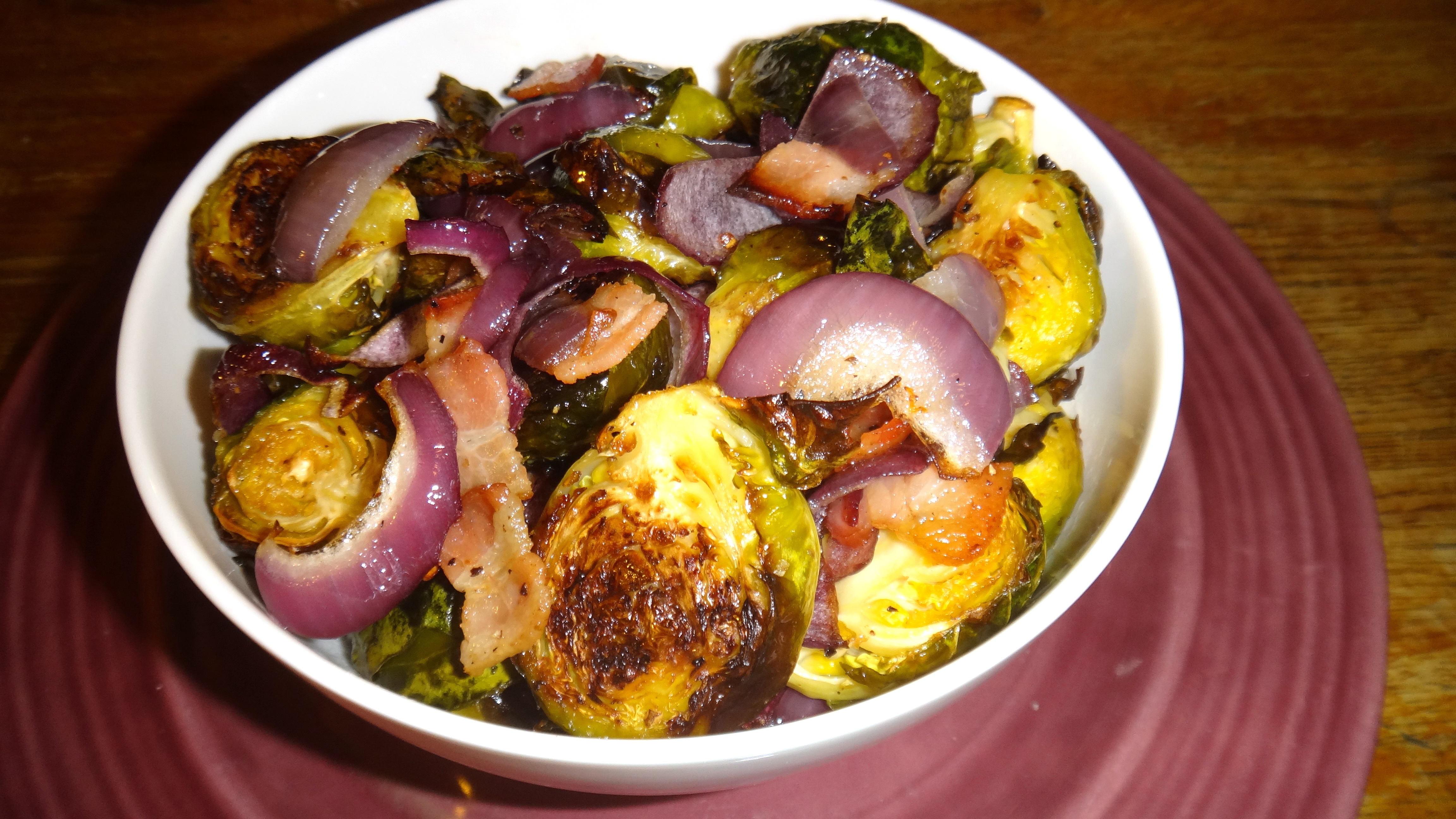 Oven Roasted Brussels Sprouts with Bacon and Caramelized Red Onion