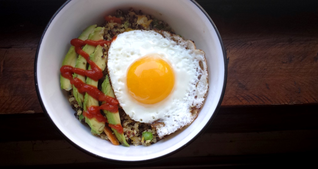 Healthy Quinoa Fried “Rice” with Fried Egg and Avocado