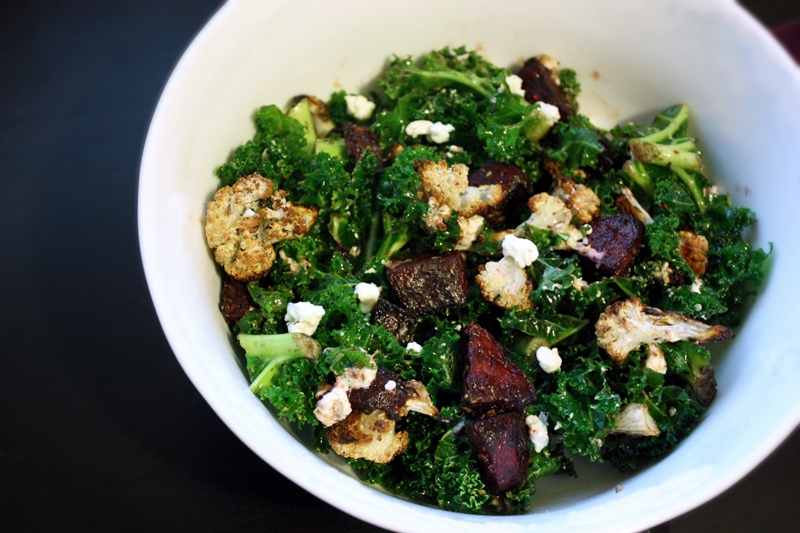 Warm Kale Salad with Roasted Beets, Cauliflower, and Goat Cheese