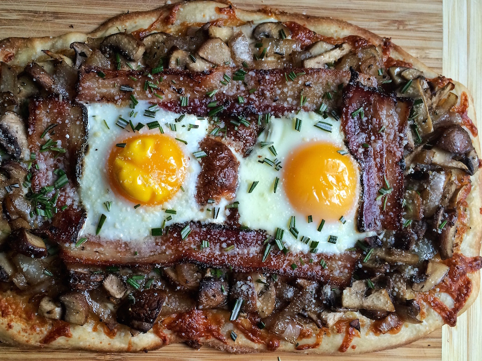 Breakfast Pizza with Rosemary, Bacon, Mushroom, & Caramelized Onion