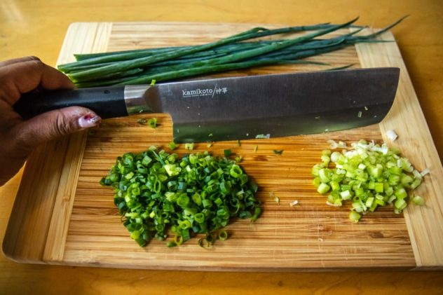 Abura Soba Recipe - Scallions with Kamikoto knife - Photo by Indulgent Eats