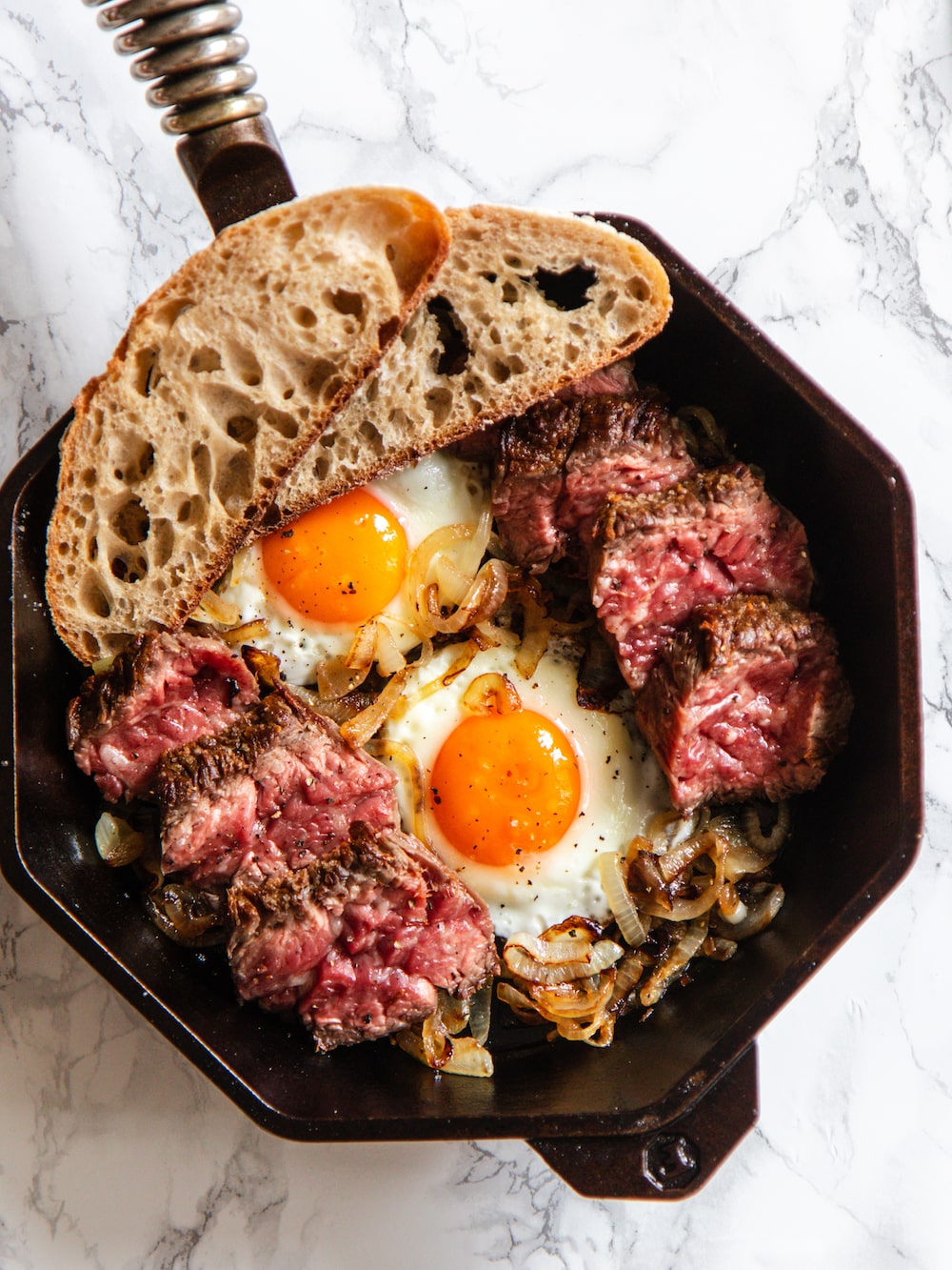 Breakfast Steak and Eggs Skillet Caramelized Onions Recipe Finex Skillet - Indulgent Eats-min