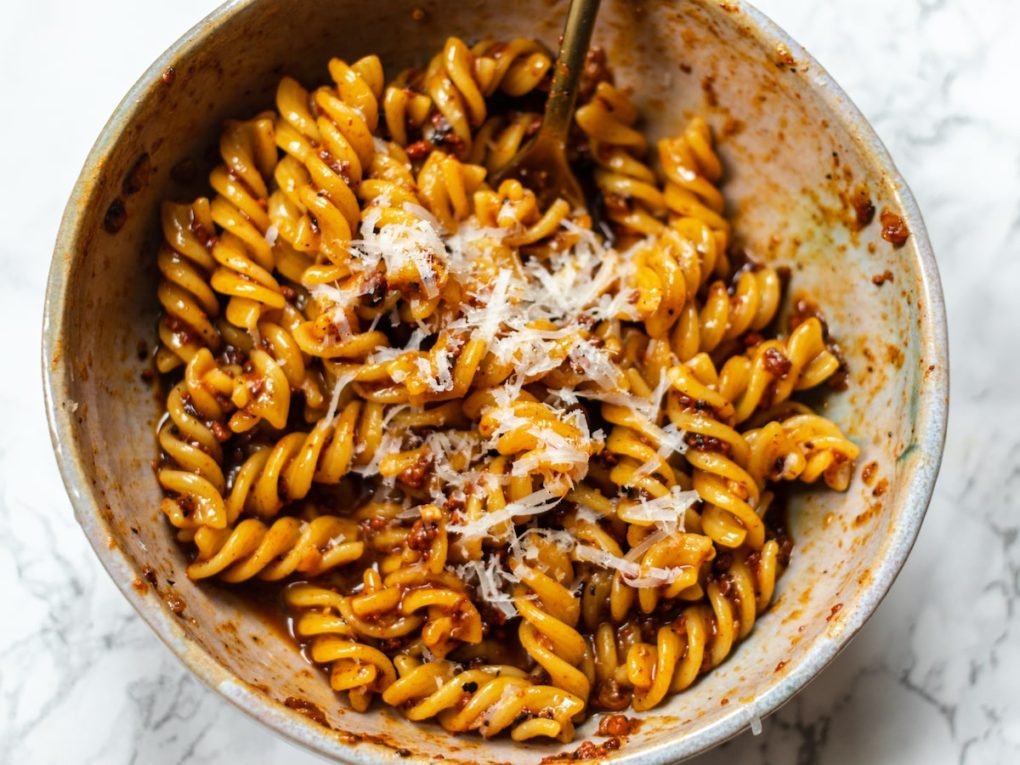 Longganisa Fusilli alla Carbonara Pasta Recipe Topped with Parmigiano-min
