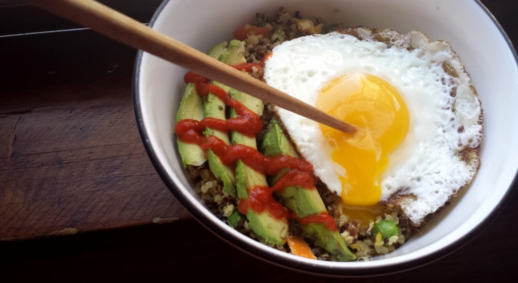 Quinoa Fried Rice with Fried Egg and Avocado and a Perfectly Runny Yolk