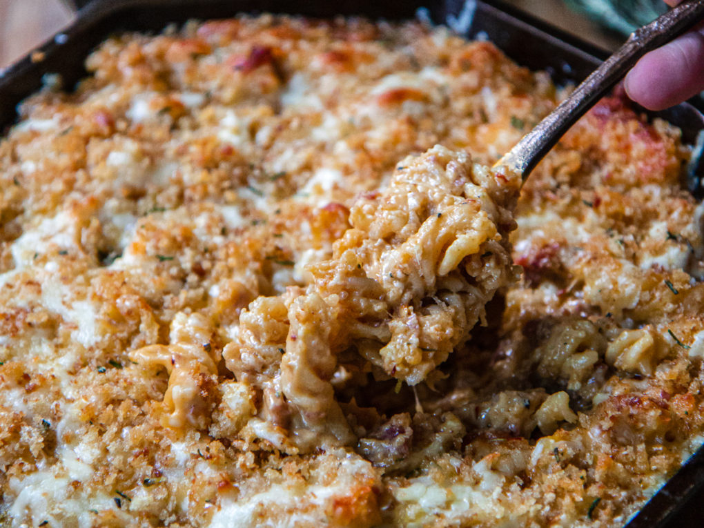 Pumpkin Mac and Cheese with Italian Sausage Recipe - Pumpkin Bechamel with Cheese - Close Up