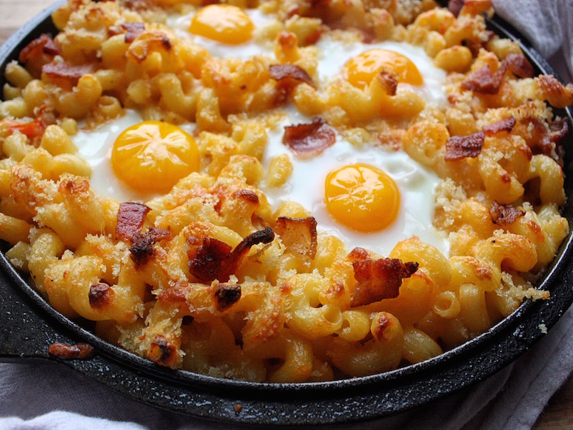 Breakfast Mac and Cheese with Baked Eggs Bacon Roasted Tomatoes Recipe Close Up