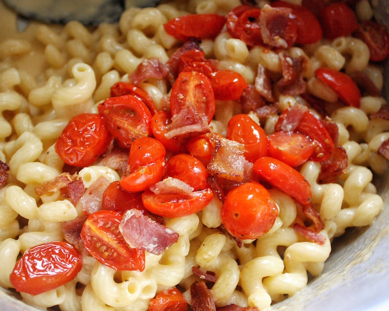 Breakfast Mac and Cheese with Baked Eggs Bacon Roasted Tomatoes Recipe Mixing Ingredients
