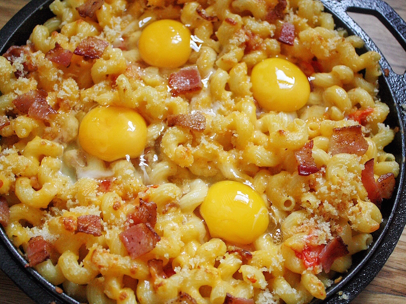 Breakfast Mac and Cheese with Baked Eggs Bacon Roasted Tomatoes Recipe Pre-Bake