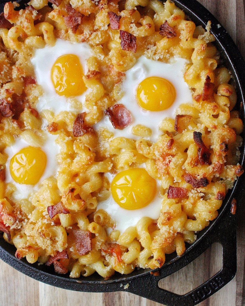 Breakfast Mac and Cheese with Baked Eggs Bacon Roasted Tomatoes Recipe