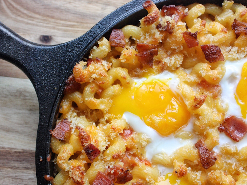 Breakfast Mac and Cheese with Baked Eggs Bacon Roasted Tomatoes Recipe Yolk