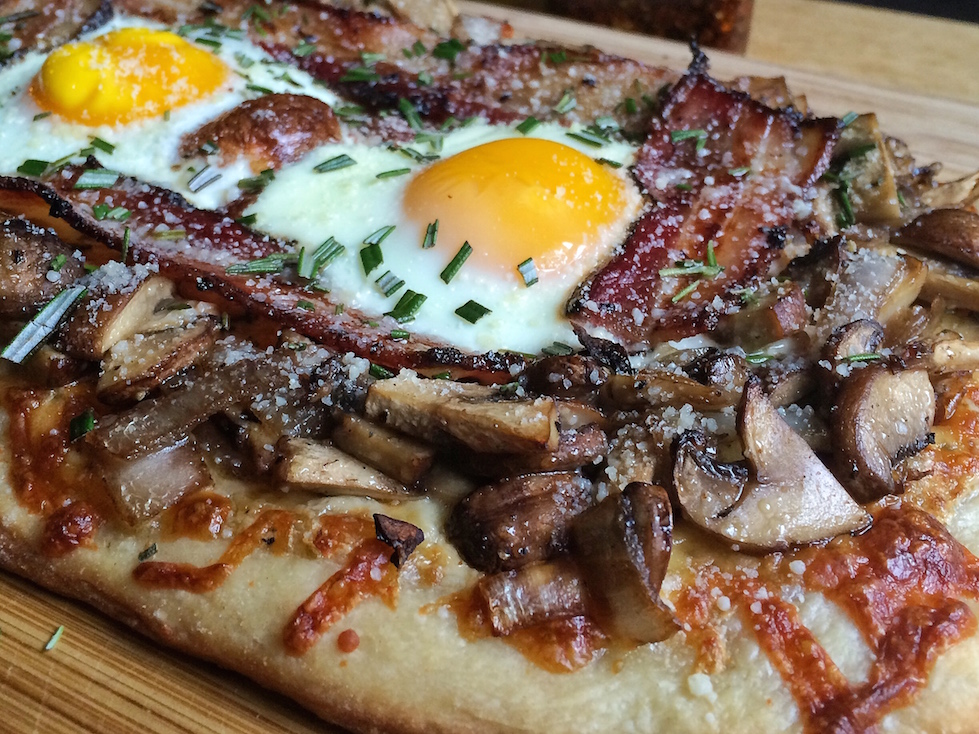 Breakfast Pizza Recipe - Rosemary Bacon Mushroom Caramelized Onion Close Up