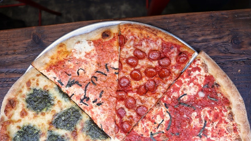Best Pizza in NYC - Sofia Pizza Shoppe Spinach Vodka Pepperoni Margherita Slices - Photo by Indulgent Eats