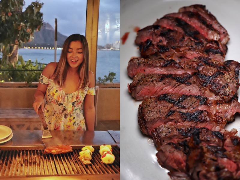 Reef Bar Market Grill Review - Grilled Ribeye with views of Diamond Head - Photo by Indulgent Eats