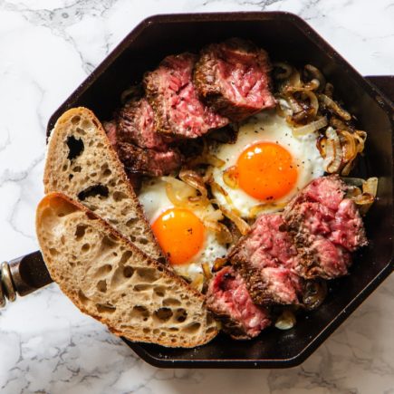 Breakfast Steak and Eggs Skillet Caramelized Onions Recipe - Indulgent Eats-min