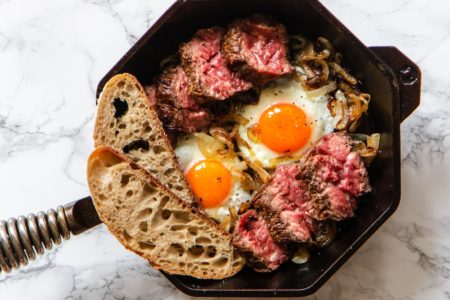 Breakfast Steak and Eggs Skillet Caramelized Onions Recipe - Indulgent Eats-min