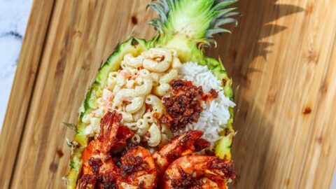 Hawaiian Garlic Shrimp in a Pineapple Bowl