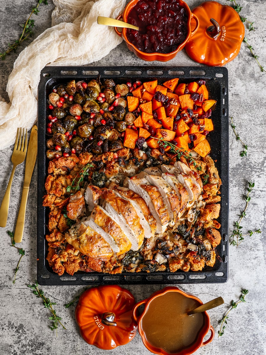 Sheet Pan Thanksgiving Dinner with Teriyaki Brussels Sprouts