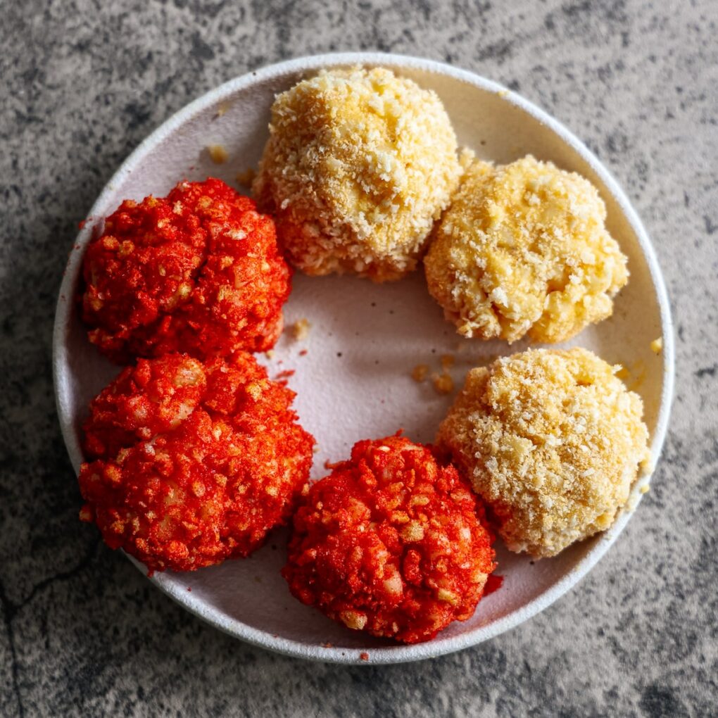 Air Fryer Mac and Cheese Balls with Flaming Hot Cheetos - After Breading