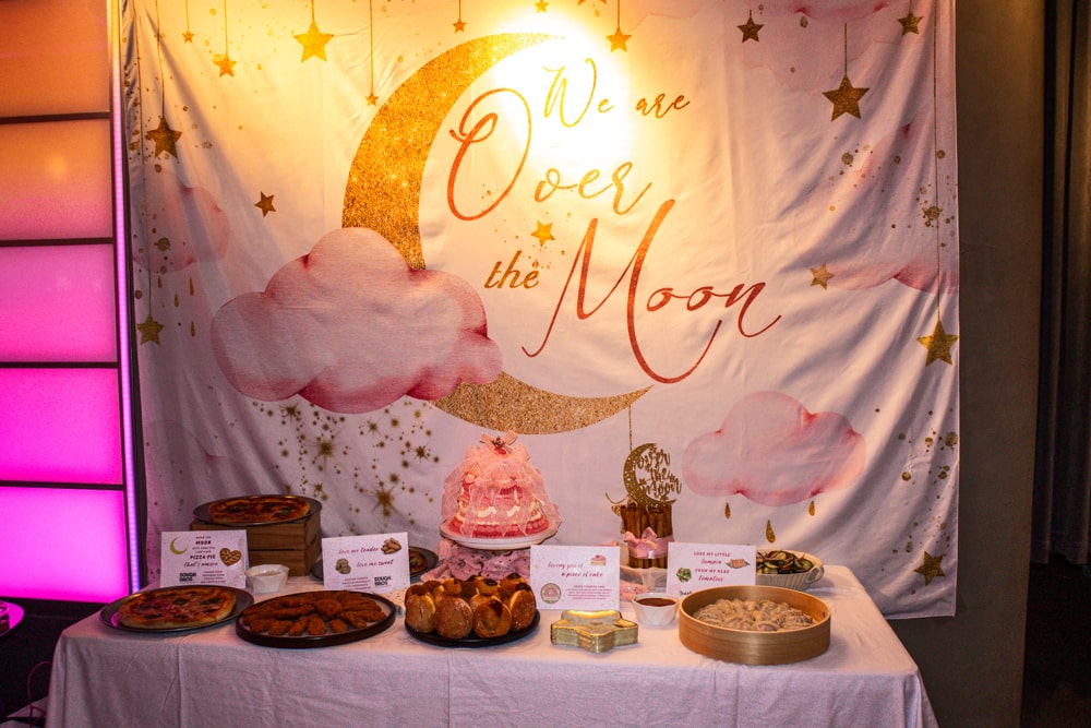 We Are Over the Moon Baby Shower Backdrop & Food Display